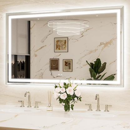 Keonjinn 60x36 Inch Brushed Nickel LED Bathroom Mirror with Lights | Frontlit & Backlit, Lighted Bathroom Mirror, HD Tempered Glass, 3 Color Temperatures, Anti-fog, Stepless Dimmable