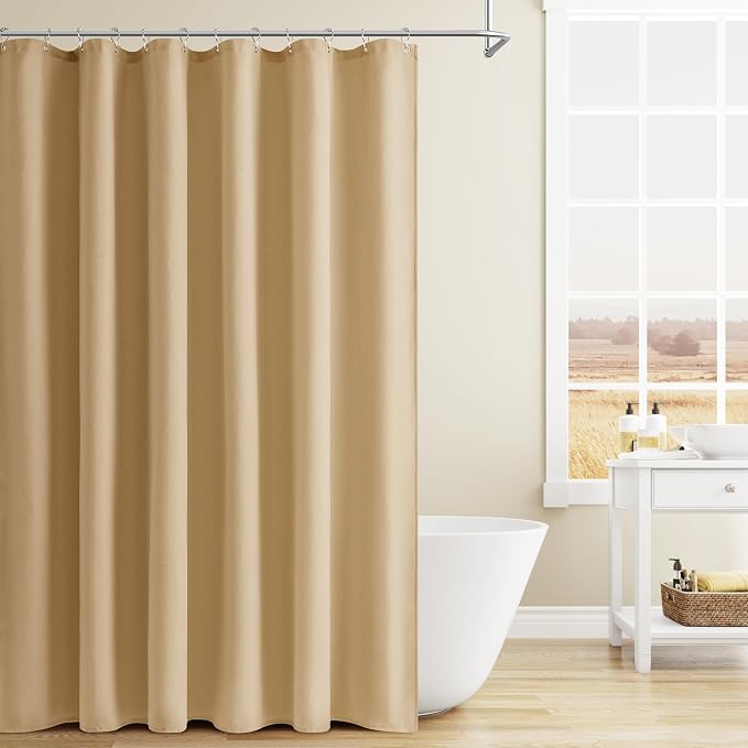 Gold Yellow Linen Shower Curtain, Country Boho Farmhouse Bath Decor Shower Curtains Neutral Cloth Weighted Textured Fabric Bath Curtain Liner with Hooks, 72x96