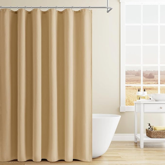Gold Yellow Linen Shower Curtain, Country Boho Farmhouse Bath Decor Shower Curtains Neutral Cloth Weighted Textured Fabric Bath Curtain Liner with Hooks, 72x78