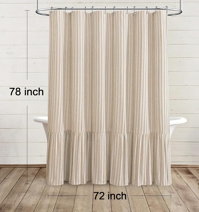 Farmhouse Shower Curtain Ruffle Linen Cream-Beige Stripe 72"W x 78"L | Farmhouse Boho, Striped, Bottom Ruffle, Linen Fabric, Rustic, Country, Natural Look, Washable, for Bathroom Bathtub