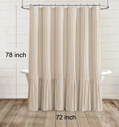 Farmhouse Shower Curtain Ruffle Linen Cream-Beige Stripe 72"W x 78"L | Farmhouse Boho, Striped, Bottom Ruffle, Linen Fabric, Rustic, Country, Natural Look, Washable, for Bathroom Bathtub