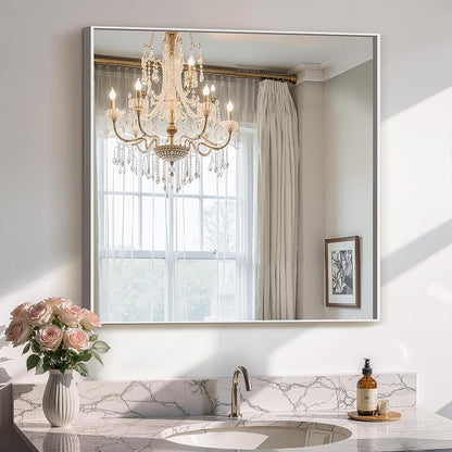 Bathroom Vanity Mirror for Wall, 30"x30" Bathroom Mirror for Over Sink | HD Shatterproof Glass, Rectangular Metal Frame, Mirror for Bathroom, Living Room, Entryway, Silver