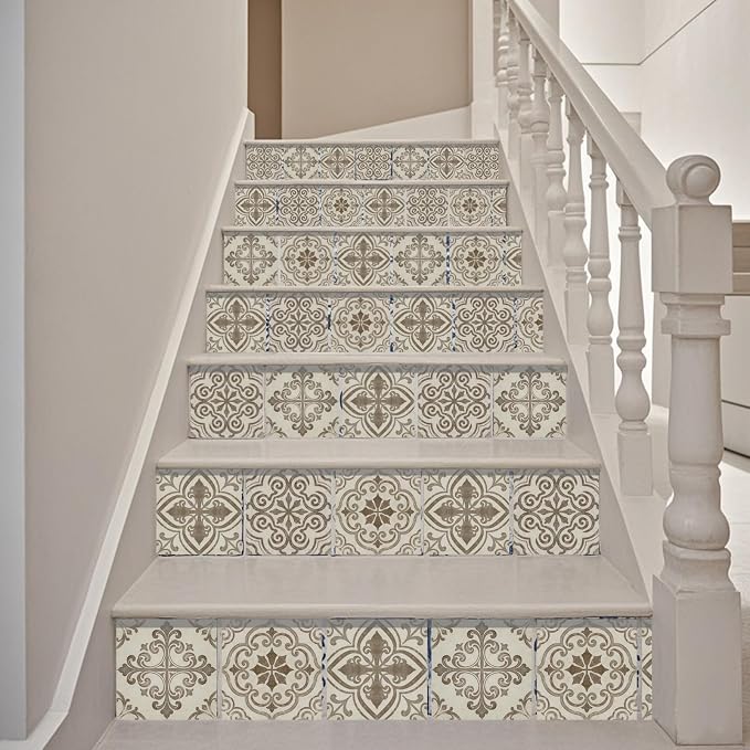 36pcs 4 Styles Gray and White Patterns Tile Stickers Retro Geometric Patterns Waterproof PVC Tile Decals for Kitchen Bathroom 4x4 inch