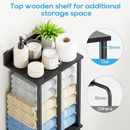 Towel Racks for Bathroom Wall Mounted with Wooden Storage Shelf | Updated 3 Bar Metal Towel Holder for Rolled Towels, Sturdy and Large Capacity, Towel Storage Organizer