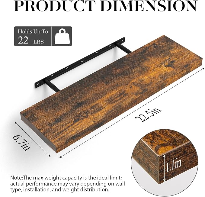 BAYKA Rustic Brown Floating Shelves 22.5in, Set of 2, Wall Mount Wood Shelf | Easy Install, 22lbs Max Load, Hidden Bracket, for Bathroom Bedroom Living Room or Kitchen, Hanging Shelf Book Decor Storage