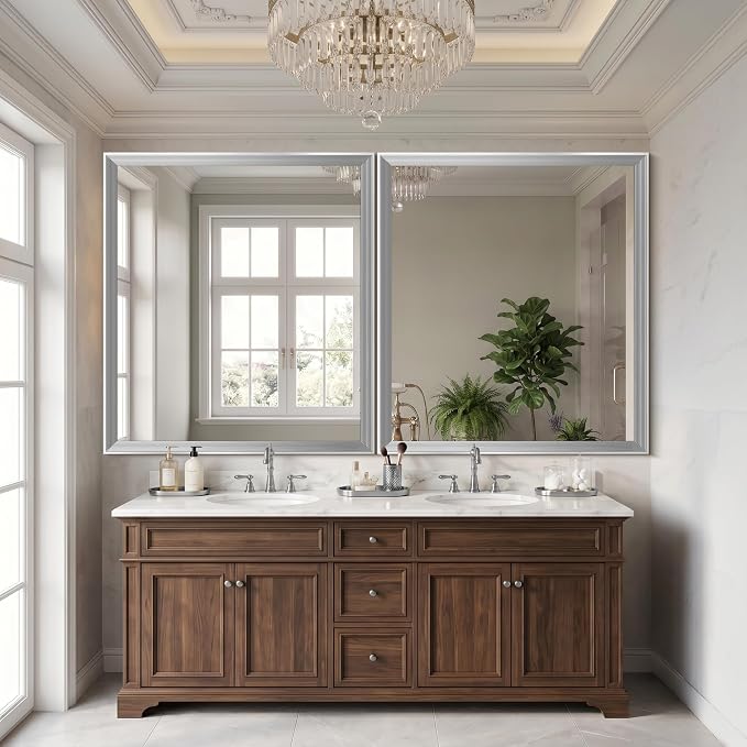 DESBING 36"x40" Silver Bathroom Mirrors for Over Sink | Tempered Glass, Metal Frame, Rectangle Vanity Wall Mirror for Bathroom, Living Room, Bedroom, Horizontally or Vertically