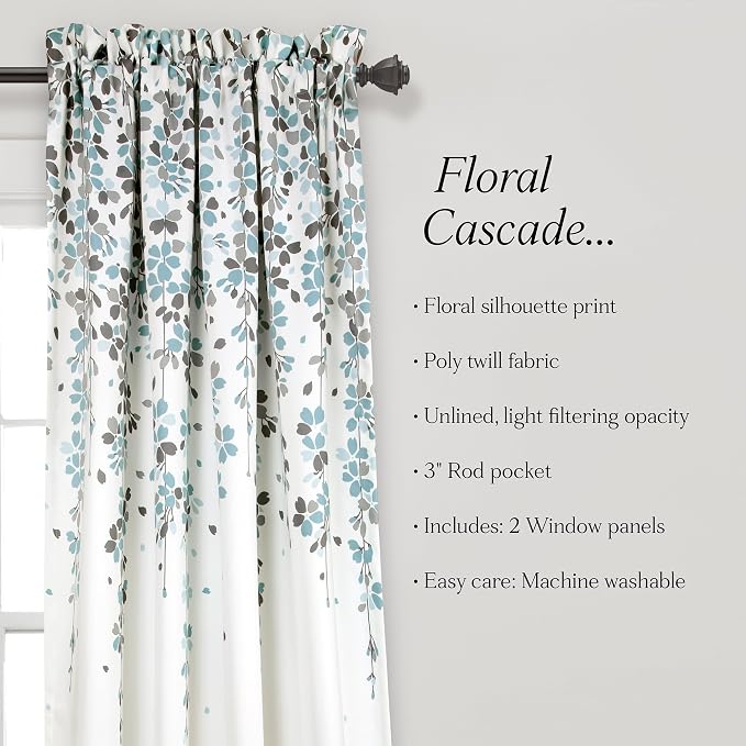 Lush Decor Weeping Flower Light Filtering Window Curtain Panels, Pair, 52"W x 108"L + 2" Header, Blue & Gray - Charming Modern Floral Curtains for Living Room, Dining Room, & Bedroom