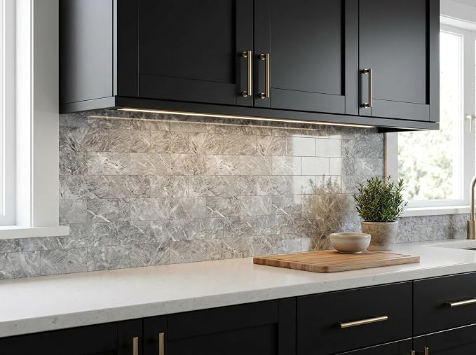 Yipscazo 2026 New Upgrade Peel and Stick backsplash 3 x 6 Inches, Backsplash Tile Peel and Stick Tile for Kitchen, Bathroom, Laundry Room, Fireplace(Polished Marble Gray, 100 Pieces)