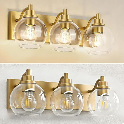 IZORRO Bathroom Light Fixtures, 3-Light Brushed Gold Vanity Light, Modern Wall Sconces with Globe Clear Glass Shade, Vanity Lighting Fixtures Over Mirror,E26 Bulb Socket