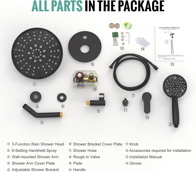 SR SUN RISE Shower Faucet - 8 Inch Multifunctional High Pressure Shower Head System with Handheld Shower Head Fixtures - Valve Included - Matte Black