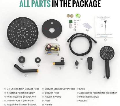 SR SUN RISE Shower Faucet - 8 Inch Multifunctional High Pressure Shower Head System with Handheld Shower Head Fixtures - Valve Included - Matte Black