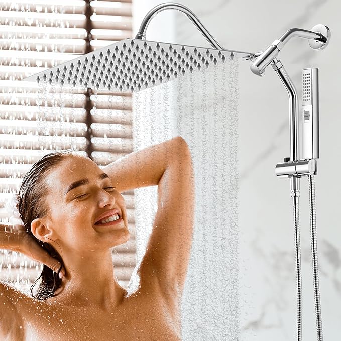 Shower Head, 12" Rain Shower Head with Handheld Spray Combo, High Pressure Rainfall Rectangle Shower Heads with Extension Arm Wide Dual Showerhead with Shower Slide Bar, Bathroom Accessories, Chrome