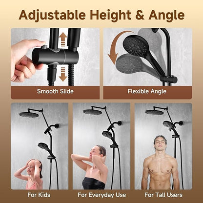 BRIGHT SHOWERS Rain Shower System with Handheld, High Pressure Dual Shower Head Combo, 9-Spray Modes, Adjustable Slide Bar & Extension Arm, 3-Way Diverter, Built-in Power Wash, 69" Hose, Matte Black