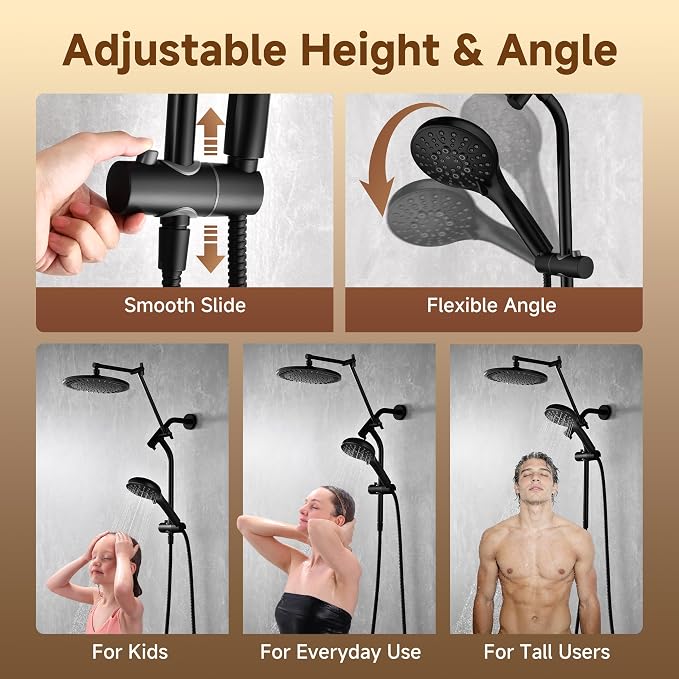 BRIGHT SHOWERS Rain Shower Head with Handheld Spray, High Pressure Dual Shower Head, Adjustable Extension Arm & Slide Bar, 9 Spray Modes Built-in Power Wash, 3-Way Diverter, 69" Hose, Matte Black
