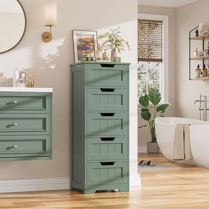 FOTOSOK Bathroom Cabinet, Bathroom Storage Cabinet with 5 Drawers, Green | Narrow Bathroom Storage with Cut-Out Handles, 11.8” x 15.7” x 40.1”, Slim & Small Floor Cabinet for Laundry/Hallway