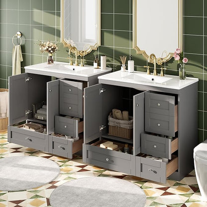 Harper & Bright Designs 72" Bathroom Vanity Set with Double Sink, Vanity Cabinet with 4 Cabinet Doors and 8 Drawers, Solid Wood Bathroom Cabinet with Ceramic Basin for Bathroom, Grey