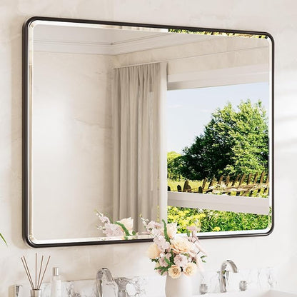 Black Wall Mirror 48 x 36 Beveled Edge Tempered Glass, Rounded Corner Rectangle Framed Mirror for Modern Bathroom, Living Room, Bedroom, Entryway