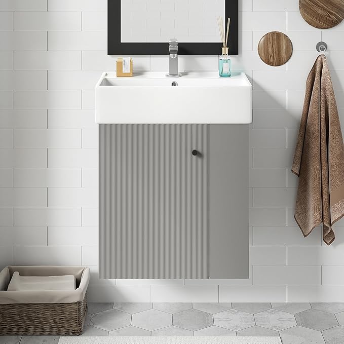 Harper & Bright Designs 21.6" Bathroom Vanity with Sink, Wall-Mounted Single Basin Vanity Set with Cabinet & Two-Tier Right Side Storage Shelf, Storage Cabinet with Ceramic Basin for Bathroom, Grey
