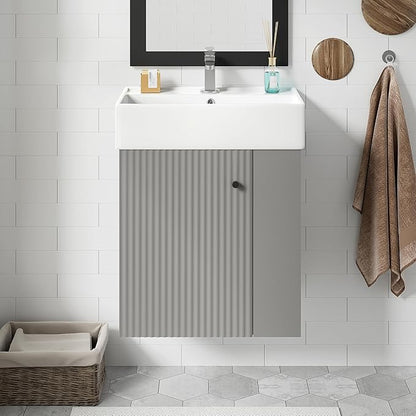 Harper & Bright Designs 21.6" Bathroom Vanity with Sink, Wall-Mounted Single Basin Vanity Set with Cabinet & Two-Tier Right Side Storage Shelf, Storage Cabinet with Ceramic Basin for Bathroom, Grey