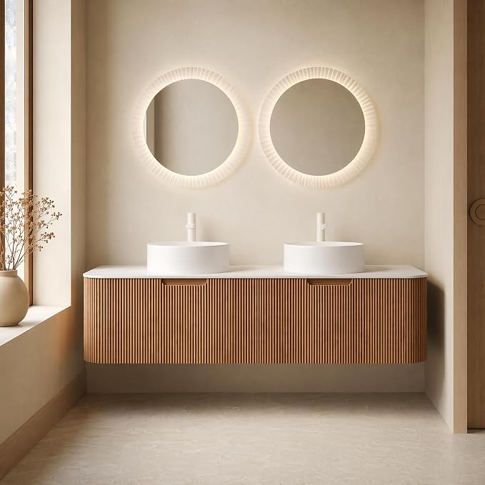 60 Inch Double Sink Bathroom Vanity, Floating Wall Mounted Cabinet, Natural Woodgrain Curved Fluted Front, Stone Top, Dual Pure White Round Vessel Basins, Pre-Assembled