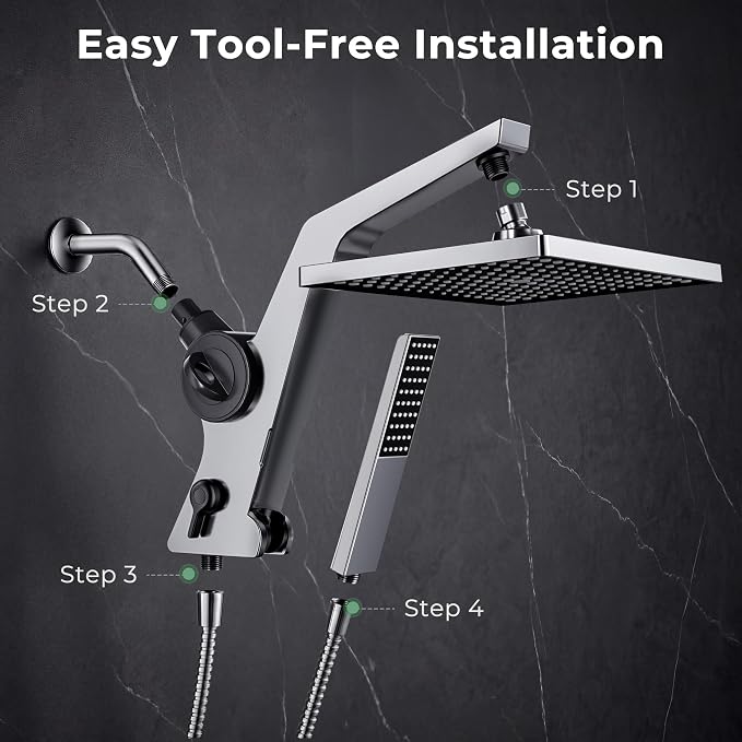 MakeFit Filtered Rain Shower Head with Handheld Combo High Pressure 12'' Rainfall Shower Heads & Hidden Detachable Wand Dual Showerhead Water Softener for Hard Water Easy Filter Replacement
