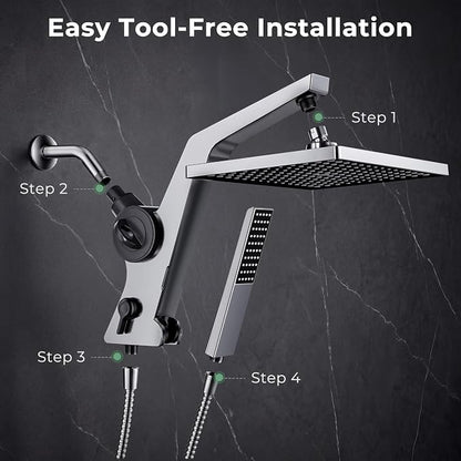 MakeFit Filtered Rain Shower Head with Handheld Combo High Pressure 12'' Rainfall Shower Heads & Hidden Detachable Wand Dual Showerhead Water Softener for Hard Water Easy Filter Replacement
