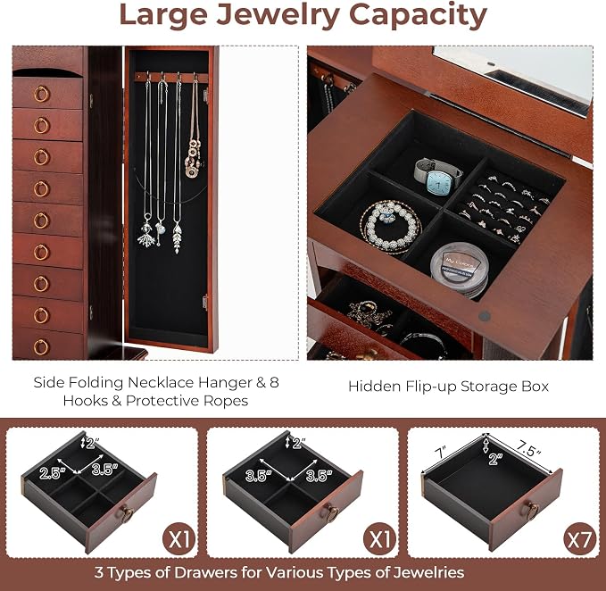 GOFLAME Standing Jewelry Cabinet Armoire, Jewelry Storage Organizer with Flip Top Mirror, 9 Drawers, 2 Side Doors, Space Saving Jewelry Chest Armoire for Necklaces, Earrings, Bracelets, Brown