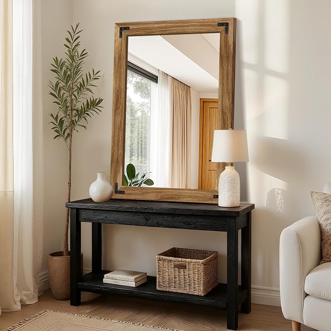 Bathroom Mirror for Wall, 28" x 40" Wooden Vanity Mirror | Solid Wood Frame, Rustic Farmhouse Style, Shatterproof Glass, for Bedroom, Living Room, Entryway Decor, Vertical/Horizontal