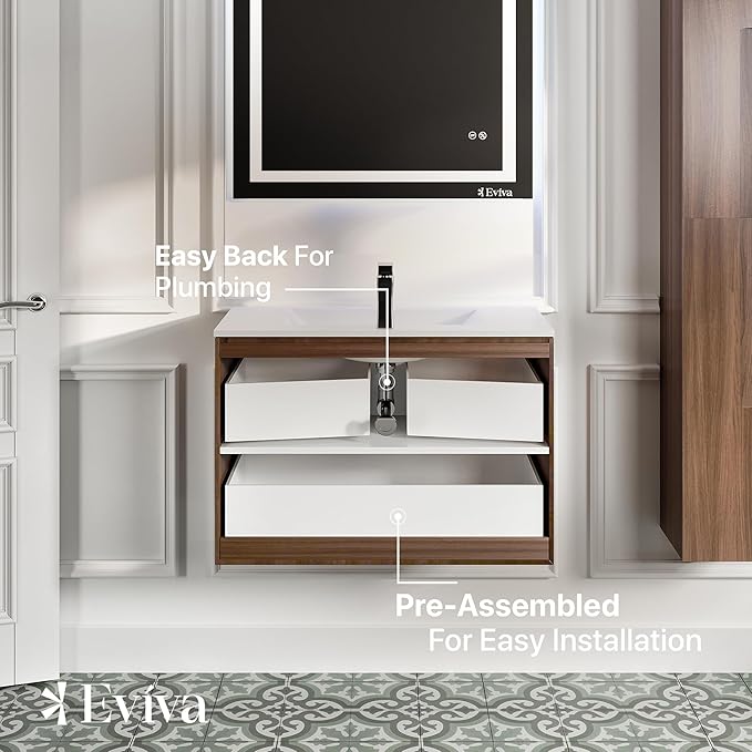 Eviva Joy 32 in. Rosewood Wall MountSingle Sink Bath Vanity with Porcelain Top and Integrated Sink