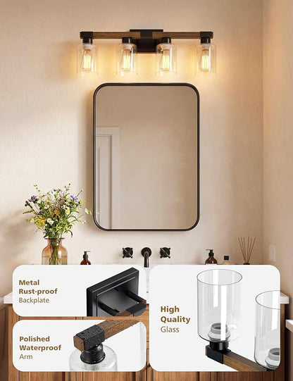 VOLISUN Farmhouse Bathroom Vanity Light Fixtures,4 Light,UL Certificated | 4 Light Bathroom Vanity Lights Over Mirror, Rustic Vanity Light for Bathrooms,Wood Bathrooms Lights Fixtures Over Mirror