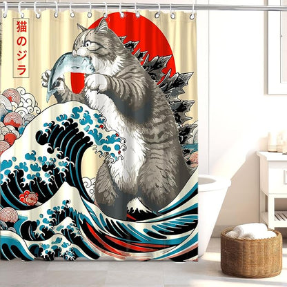 Funny Japanese Cat Shower Curtain, Vintage Cat Eating Fish Japan Art Anime Sunset Wave Waterproof Shower Curtain with Hooks, Animal for Kids Fabric Shower Curtains Bathroom Decor 72X72inches