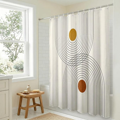Americanflat 71x74 Boho Shower Curtain - Water-Resistant Long Shower Curtain with Durable Metal Grommets and 12 Hooks - 100% Polyester - Black, Mustard Yellow, Terracotta and Beige