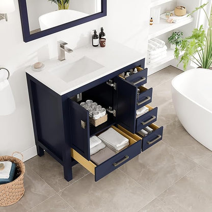 Eviva London 36 in. Blue Single Sink Bath Vanity with Carrara Quartz Top and Undermount Porcelain Sink