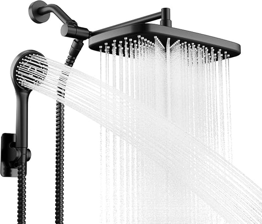 Black Rain Shower Head with Handheld Shower Head, 5 Spray Modes | High-Pressure Dual Shower Combo, Multi-Spray Handheld, 11-Inch Metal Extension Arm, Detachable Design for Easy, Flexible Use