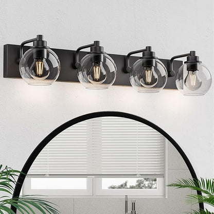 Bathroom Light Fixtures-Matte Black Vanity Lights for Bathroom, Modern Black Vanity Lights 4-Light Bathrooms Lighting Fixtures Over Mirror with Clear Glass Shade