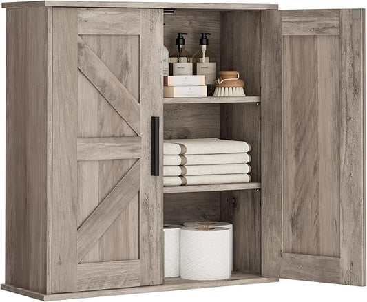 Bathroom Wall Cabinet, Over Toilet Storage Cabinet with Barn Doors and Adjustable Shelves, 3-Tier Medicine Cabinet Wall Mounted, for Bathroom, Kitchen, Entryway, Laundry Room, Greige, (7.9" D)