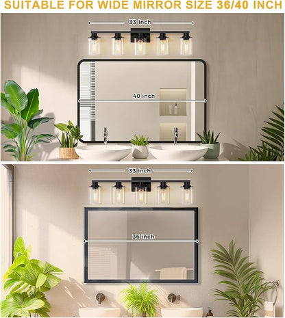 L LOHAS LED 5-Light Bathroom Light Fixtures Over Mirror, Black Bathroom Vanity Lights with Clear Glass Shade, Modern Vanity Lights for Bathroom Living Room Hallway Bedroom | Clear Glass Shades; Modern Light Fixture for Bathrooms, Living Rooms, Hallways...