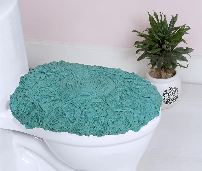 Home Weavers Bell Flower Toilet Lid Cover – 18"x18", 100% Cotton Tufted, Soft & Absorbent, Non-Slip, Machine Washable Bathroom Seat Cover, Turquoise