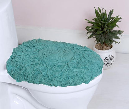 Home Weavers Bell Flower Toilet Lid Cover – 18"x18", 100% Cotton Tufted, Soft & Absorbent, Non-Slip, Machine Washable Bathroom Seat Cover, Turquoise