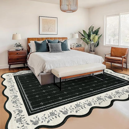 Garvee Scollaped Rugs for Living Room 5x7 Area Rugs for Bedroom Soft Black | Non-Slip Low Pile Neutral Kids Rug Non-Shedding Bordered Nursery Carpet Foldable Thin Mat for Dining Room Kitchen Playroom