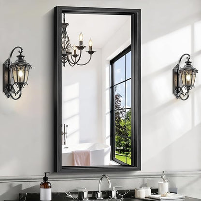 CIRCUMI 20"x40" Black Mirror with Chunky Box Metal Frame, Brushed Finish Rectangular Bathroom Mirrors for Over Sink, Living Room, Entryway, Tempered Glass Mirror for Wall, Vertical or Horizontal