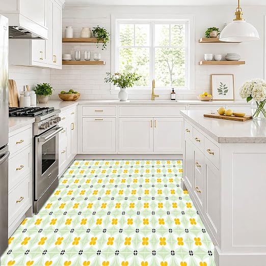 Yellow Flower Geometric Peel and Stick Floor Tiles 12x12 Inch 10PCS | Yellow flower and pale green geometric pattern vinyl floor stickers for kitchen bathroom entryway and indoor home decor