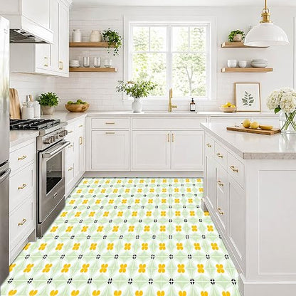 Yellow Flower Geometric Peel and Stick Floor Tiles 12x12 Inch 10PCS | Yellow flower and pale green geometric pattern vinyl floor stickers for kitchen bathroom entryway and indoor home decor