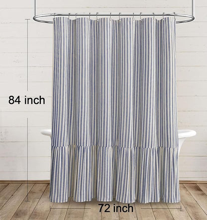 Farmhouse Shower Curtain Ruffle Linen Cream-Blue Stripe 72"W x 84"L | Farmhouse Boho, Striped, Bottom Ruffle, Linen Fabric, Rustic, Country, Natural Look, Washable, for Bathroom Bathtub