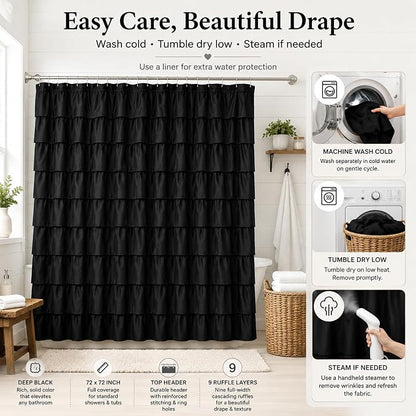 Black Ruffle Shower Curtain for Bathroom, 72x72, Cascading Layered Ruffles | Flowing Ruffle Drape, 72 x 72 inch, 7ft, 12 Plastic Hooks Included, Machine Washable, Soft Brushed Microfiber Fabric