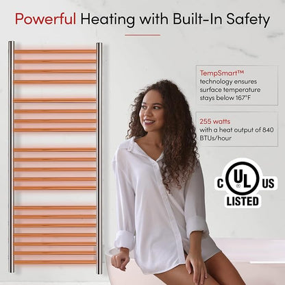 WarmlyYours Bellagio Heated Towel Rack, 20 Bars, Polished Steel | Wall-mounted hardwired 255W towel warmer, 870 BTU/hr, warm dry towels in 15-20 minutes, 304 stainless steel