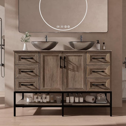 VNN 48 Inch Bathroom Vanity with Sink - Double Sink Bathroom Vanity, Freestanding Cabinet with Open Shelves and 6 Storage Drawers, Modern Iron Wood Cabinet with Countertop Tempered Glass Vessel, Grey