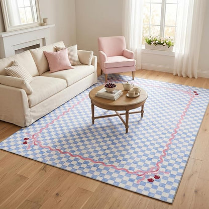 Garvee Washable Baby Blue 10x13 Area Rug for Living Room Checkered Cherry | Coquette Large Non Slip Soft Bedroom Rugs Large Low Pile Stain Resistant Carpet for Nursery Dining Room Classroom