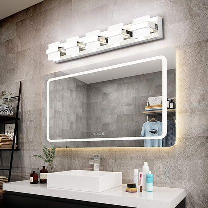 SOLFART Chrome 5 Light Bathroom Vanity Lights Over Mirror, Modern Chrome Bathroom Light Fixtures LED Lights Dimmable