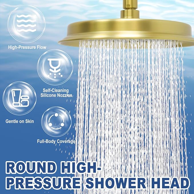 Single Round Rain Shower Head, 9 inches High-Pressure Rainfall Showerhead with Silicone Nozzle, Modern Bathroom Vintage Shower Overhead Heads (Brushed Gold, Stainless Steel Thickness)